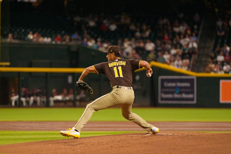 Aug 5, 2025; Phoenix, Arizona, USA; San Diego Padres pitcher Yu Darvish (11) on the mound to start in the first inning against the Arizona Diamondbacks at Chase Field. Mandatory Credit: Allan Henry-Imagn Images