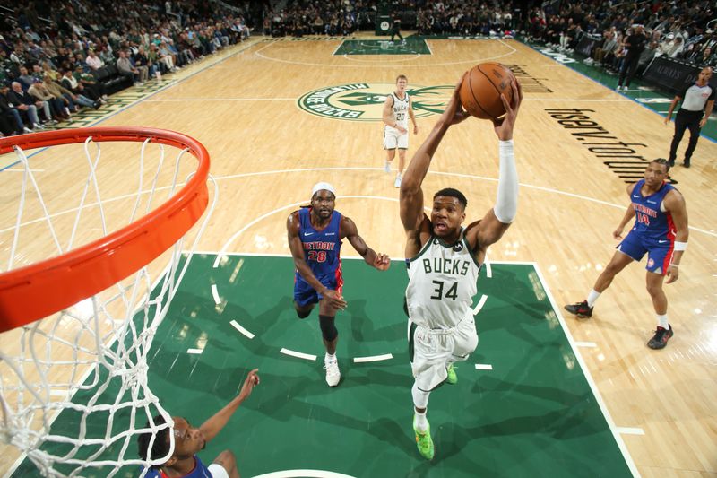 MILWAUKEE, WI - NOVEMBER 13: Giannis Antetokounmpo #34 of the Milwaukee Bucks drives to the basket during the game against the Detroit Pistons on November 13, 2024 at the Fiserv Forum Center in Milwaukee, Wisconsin. NOTE TO USER: User expressly acknowledges and agrees that, by downloading and or using this Photograph, user is consenting to the terms and conditions of the Getty Images License Agreement. Mandatory Copyright Notice: Copyright 2024 NBAE (Photo by Gary Dineen/NBAE via Getty Images).