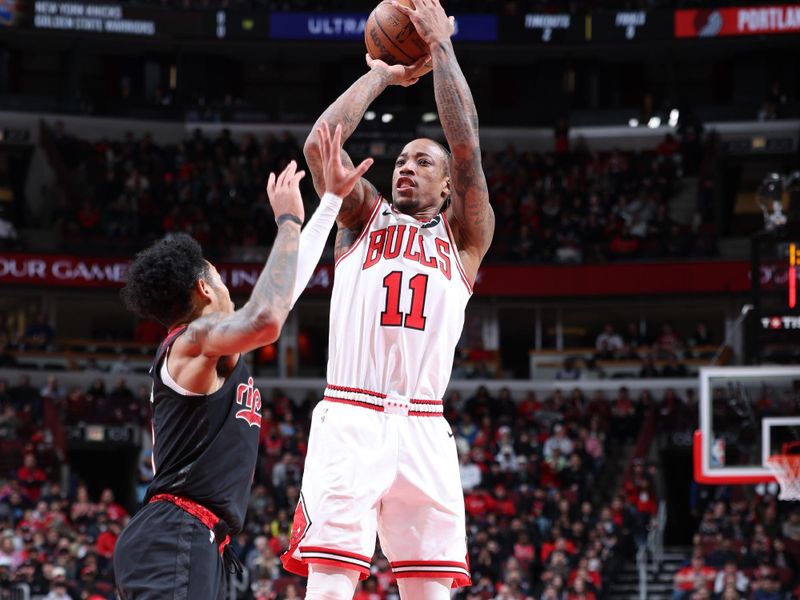 CHICAGO, IL - MARCH 18:  DeMar DeRozan #11 of the Chicago Bulls shoots the ball during the game against the Portland Trail Blazers on March 18, 2024 at United Center in Chicago, Illinois. NOTE TO USER: User expressly acknowledges and agrees that, by downloading and or using this photograph, User is consenting to the terms and conditions of the Getty Images License Agreement. Mandatory Copyright Notice: Copyright 2024 NBAE (Photo by Jeff Haynes/NBAE via Getty Images)