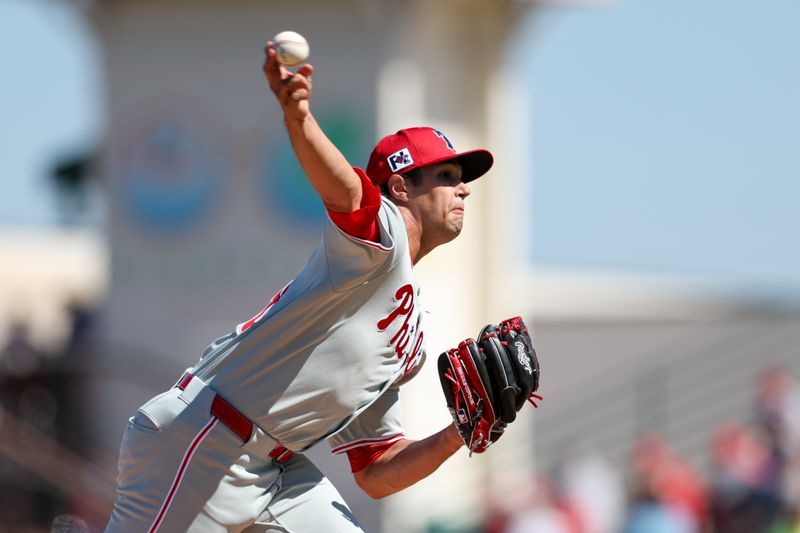 Mar 7, 2025; Bradenton, Florida, USA; Philadelphia Phillies pitcher Tyler Phillips (48) throws a pitch against the Pittsburgh Pirates in the fourth inning during spring training at LECOM Park. Mandatory Credit: Nathan Ray Seebeck-Imagn Images