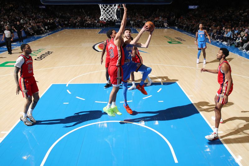 OKLAHOMA CITY, OK - FEBRUARY 10: Chet Holmgren #7 of the Oklahoma City Thunder drives to the basket during the game against the New Orleans Pelicans on February 10, 2025 at Paycom Center in Oklahoma City, Oklahoma. NOTE TO USER: User expressly acknowledges and agrees that, by downloading and or using this photograph, User is consenting to the terms and conditions of the Getty Images License Agreement. Mandatory Copyright Notice: Copyright 2025 NBAE (Photo by Zach Beeker/NBAE via Getty Images)