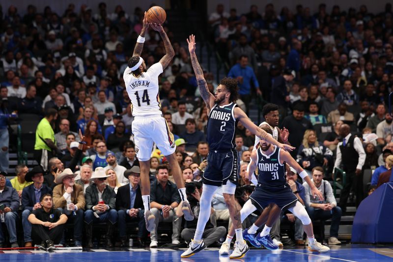 DALLAS, TEXAS - NOVEMBER 19: Brandon Ingram #14 of the New Orleans Pelicans shoots over Dereck Lively II #2 of the Dallas Mavericks during the first half of an Emirates NBA Cup game at American Airlines Center on November 19, 2024 in Dallas, Texas. NOTE TO USER: User expressly acknowledges and agrees that, by downloading and/or using this photograph, user is consenting to the terms and conditions of the Getty Images License Agreement. (Photo by Sam Hodde/Getty Images)