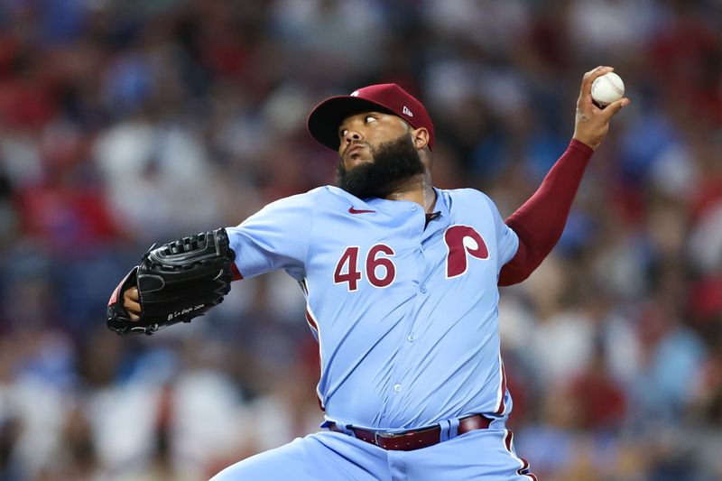 Jul 11, 2024; Philadelphia, Pennsylvania, USA; Philadelphia Phillies pitcher José Alvarado (46) throws a pitch during the ninth inning against the Los Angeles Dodgers at Citizens Bank Park. Mandatory Credit: Bill Streicher-USA TODAY Sports