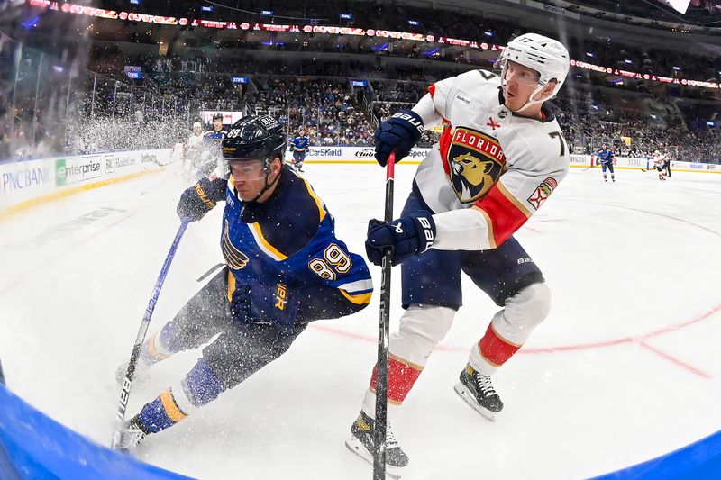 Jan 9, 2024; St. Louis, Missouri, USA;  St. Louis Blues left wing Pavel Buchnevich (89) skates against Florida Panthers defenseman Niko Mikkola (77) during the third period at Enterprise Center. Mandatory Credit: Jeff Curry-USA TODAY Sports