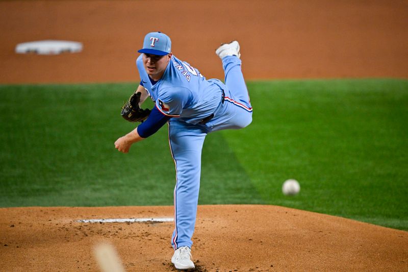 Sep 1, 2024; Arlington, Texas, USA; Texas Rangers starting pitcher Walter Pennington (52) pitches against the Oakland Athletics during the first inning at Globe Life Field. Mandatory Credit: Jerome Miron-USA TODAY Sports