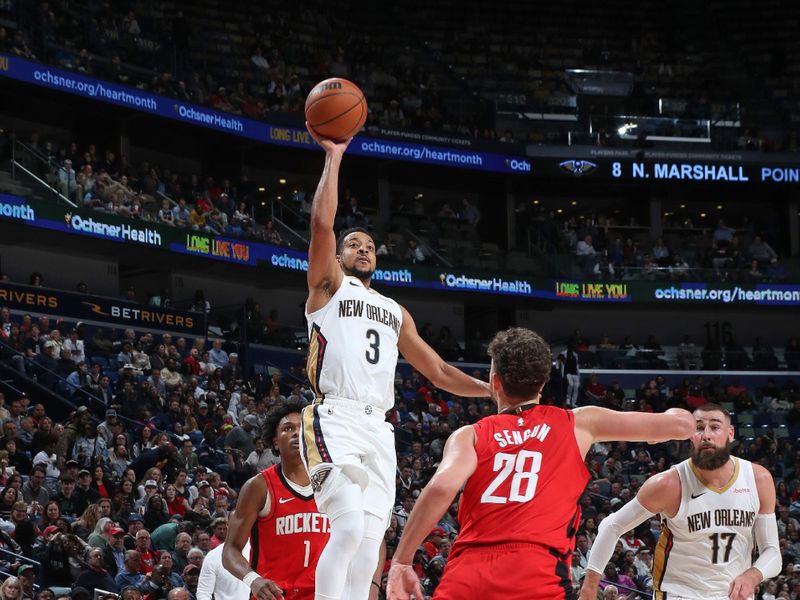 NEW ORLEANS, LA - FEBRUARY 22: CJ McCollum #3 of the New Orleans Pelicans shoots the ball during the game against the Houston Rockets on February 22, 2024 at the Smoothie King Center in New Orleans, Louisiana. NOTE TO USER: User expressly acknowledges and agrees that, by downloading and or using this Photograph, user is consenting to the terms and conditions of the Getty Images License Agreement. Mandatory Copyright Notice: Copyright 2024 NBAE (Photo by Layne Murdoch Jr./NBAE via Getty Images)