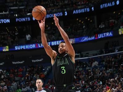 NEW ORLEANS, LA - JANUARY 2: CJ McCollum #3 of the New Orleans Pelicans shoots the ball during the game against the Brooklyn Nets on January 2, 2024 at the Smoothie King Center in New Orleans, Louisiana. NOTE TO USER: User expressly acknowledges and agrees that, by downloading and or using this Photograph, user is consenting to the terms and conditions of the Getty Images License Agreement. Mandatory Copyright Notice: Copyright 2024 NBAE (Photo by Layne Murdoch Jr./NBAE via Getty Images)