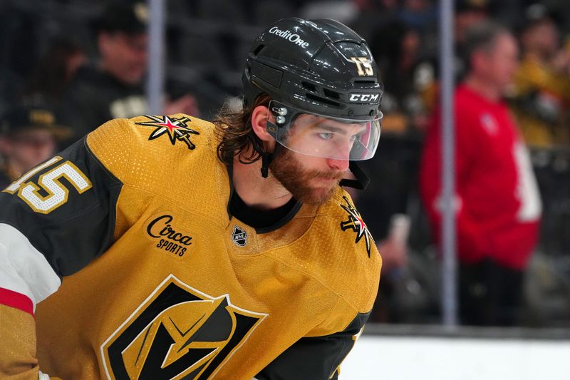 Mar 7, 2024; Las Vegas, Nevada, USA; Vegas Golden Knights defenseman Noah Hanifin (15) warms up before a game against the Vancouver Canucks at T-Mobile Arena. Mandatory Credit: Stephen R. Sylvanie-USA TODAY Sports