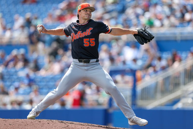 Mar 8, 2026; Dunedin, Florida, USA; Detroit Tigers pitcher Tyler Mattison (55) throws a pitch against the Toronto Blue Jays in the fourth inning during spring training at TD Ballpark. Mandatory Credit: Nathan Ray Seebeck-Imagn Images