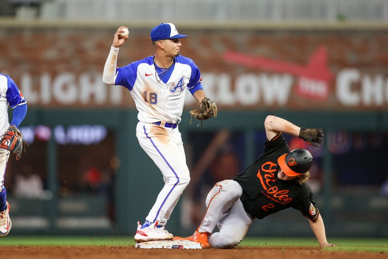 May 6, 2023; Atlanta, Georgia, USA; Atlanta Braves shortstop Vaughn Grissom (18) attempts to turn a double play over Baltimore Orioles third baseman Gunnar Henderson (2) in the sixth inning at Truist Park. Mandatory Credit: Brett Davis-USA TODAY Sports