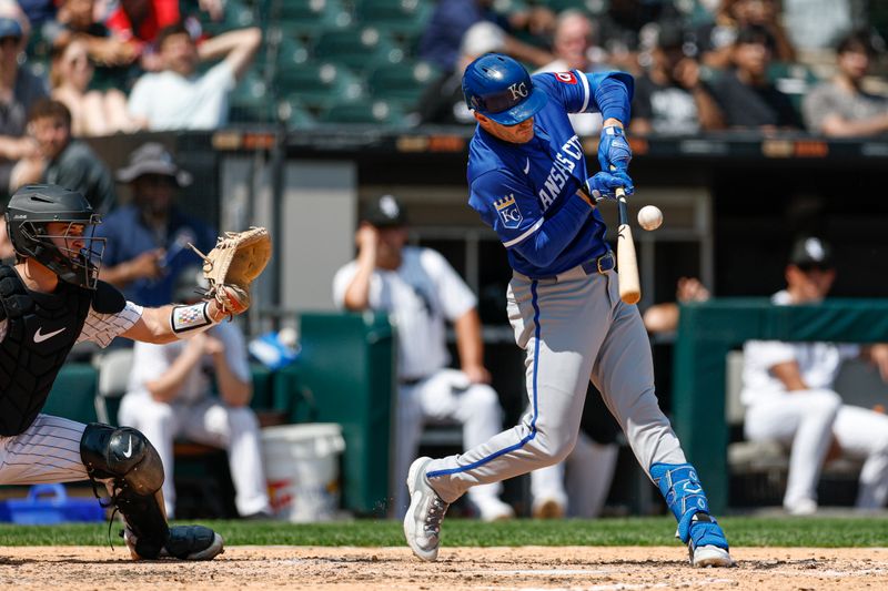 Jun 8, 2025; Chicago, Illinois, USA; Kansas City Royals outfielder Mark Canha (21) singles against the Chicago White Sox during the seventh inning at Rate Field. Mandatory Credit: Kamil Krzaczynski-Imagn Images