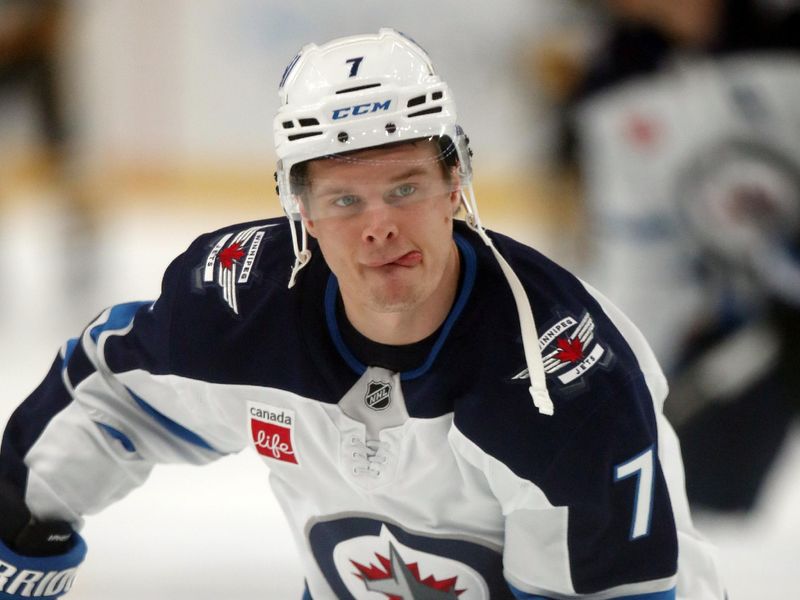 Nov 22, 2024; Pittsburgh, Pennsylvania, USA; Winnipeg Jets center Vladislav Namestnikov (7) warms up against the Pittsburgh Penguins at PPG Paints Arena. Mandatory Credit: Charles LeClaire-Imagn Images