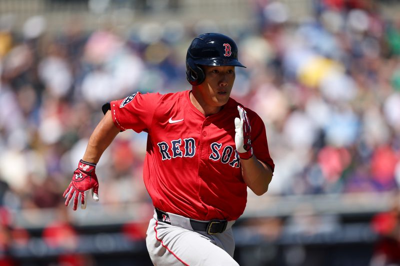 Mar 18, 2025; Tampa, Florida, USA; Boston Red Sox outfielder Masataka Yoshida (7) runs to first base against the New York Yankees in the first inning  during spring training at George M. Steinbrenner Field. Mandatory Credit: Nathan Ray Seebeck-Imagn Images