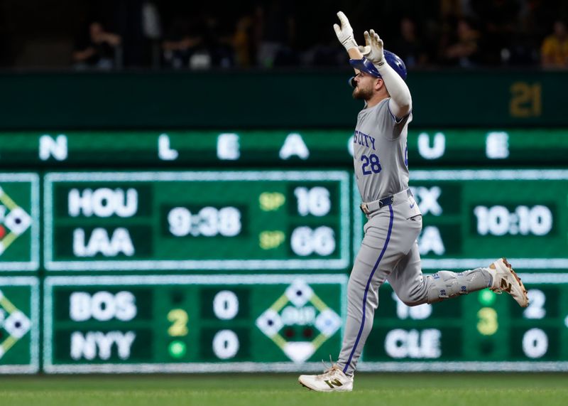 Sep 13, 2024; Pittsburgh, Pennsylvania, USA;  Kansas City Royals center fielder Kyle Isbel (28) reacts as he circles the bases on a solo run home run against the Pittsburgh Pirates during the fourth inning at PNC Park. Mandatory Credit: Charles LeClaire-Imagn Images