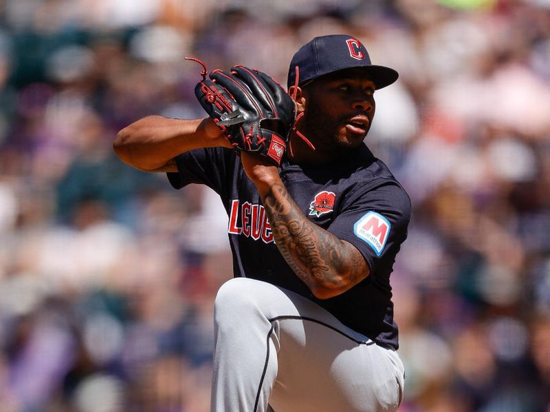 May 27, 2024; Denver, Colorado, USA; Cleveland Guardians starting pitcher Xzavion Curry (44) pitches in the first inning against the Colorado Rockies at Coors Field. Mandatory Credit: Isaiah J. Downing-USA TODAY Sports