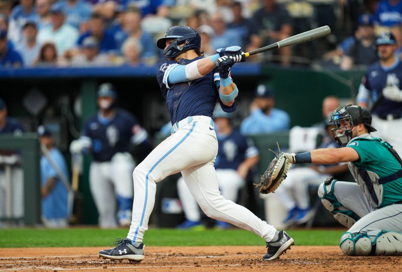 Jun 7, 2024; Kansas City, Missouri, USA; Kansas City Royals shortstop Bobby Witt Jr. (7) hits a single during the first inning against the Seattle Mariners at Kauffman Stadium. Mandatory Credit: Jay Biggerstaff-USA TODAY Sports