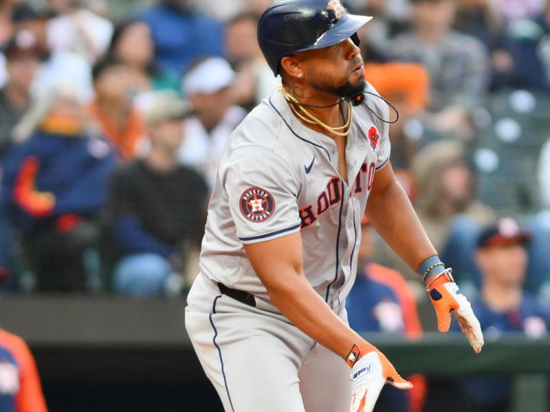 May 27, 2024; Seattle, Washington, USA; Houston Astros first baseman Jose Abreu (79) heads towards first base after hitting an RBI single against the Seattle Mariners during the fifth inning at T-Mobile Park. Mandatory Credit: Steven Bisig-USA TODAY Sports