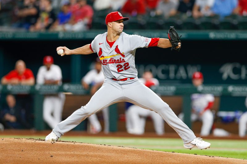 Jun 7, 2023; Arlington, Texas, USA; St. Louis Cardinals starting pitcher Jack Flaherty (22) throws during the first inning against the Texas Rangers at Globe Life Field. Mandatory Credit: Andrew Dieb-USA TODAY Sports