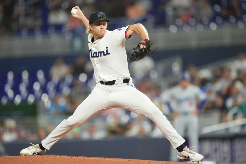 Sep 17, 2024; Miami, Florida, USA;  Miami Marlins starting pitcher Darren McCaughan (68) pitches against the Los Angeles Dodgers in the first inning at loanDepot Park. Mandatory Credit: Jim Rassol-Imagn Images