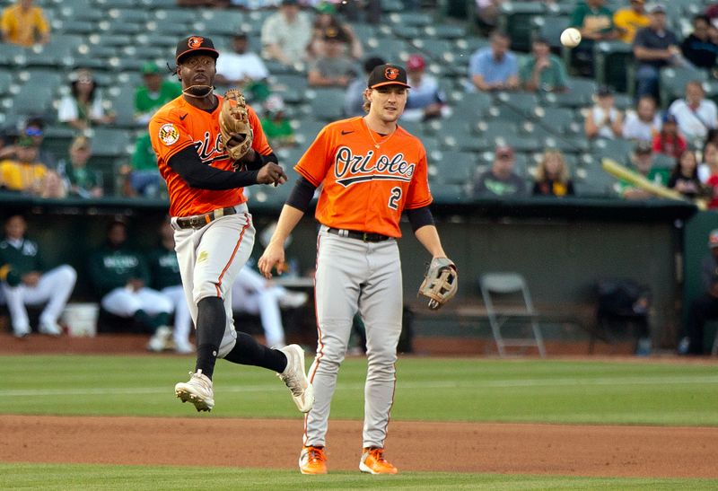 Aug 19, 2023; Oakland, California, USA; Baltimore Orioles shortstop Jorge Mateo (3) cuts in front of Gunnar Henderson (2) to throw out Oakland Athletics third baseman Jonah Bride at first base during the fourth inning at Oakland-Alameda County Coliseum. Mandatory Credit: D. Ross Cameron-USA TODAY Sports