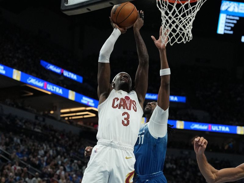 MINNEAPOLIS, MN -  MARCH 22: Caris LeVert #3 of the Cleveland Cavaliers drives to the basket during the game against the Minnesota Timberwolves on March 22, 2024 at Target Center in Minneapolis, Minnesota. NOTE TO USER: User expressly acknowledges and agrees that, by downloading and or using this Photograph, user is consenting to the terms and conditions of the Getty Images License Agreement. Mandatory Copyright Notice: Copyright 2024 NBAE (Photo by Jordan Johnson/NBAE via Getty Images)