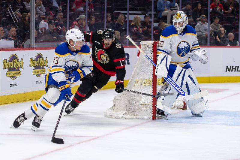 Sep 26, 2024; Ottawa, Ontario, CAN; Buffalo Sabres defenseman Zach Metsa (73) skates with the puck in front of Ottawa Senators right wing Zack MacEwen (17) in the first period at the Canadian Tire Centre. Mandatory Credit: Marc DesRosiers-Imagn Images