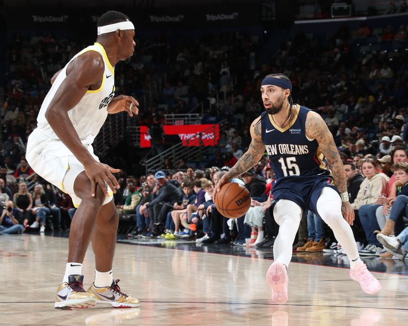 NEW ORLEANS, LA - JANUARY 17:  Jose Alvarado #15 of the New Orleans Pelicans dribbles the ball during the game against the Utah Jazz on January 17, 2025 at the Smoothie King Center in New Orleans, Louisiana. NOTE TO USER: User expressly acknowledges and agrees that, by downloading and or using this Photograph, user is consenting to the terms and conditions of the Getty Images License Agreement. Mandatory Copyright Notice: Copyright 2025 NBAE (Photo by Layne Murdoch Jr./NBAE via Getty Images)