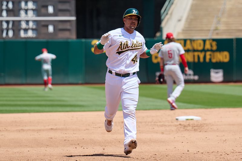 Jun 17, 2023; Oakland, California, USA; Oakland Athletics catcher Carlos Perez (44) reacts after hitting a one run home run against the Philadelphia Phillies during the fourth inning at Oakland-Alameda County Coliseum. Mandatory Credit: Robert Edwards-USA TODAY Sports