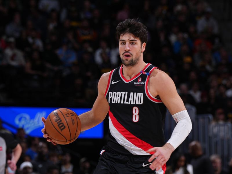 DENVER, CO - FEBRUARY 10: Deni Avdija #8 of the Portland Trail Blazers dribbles the ball during the game against the Denver Nuggets on February 10, 2025 at Ball Arena in Denver, Colorado. NOTE TO USER: User expressly acknowledges and agrees that, by downloading and/or using this Photograph, user is consenting to the terms and conditions of the Getty Images License Agreement. Mandatory Copyright Notice: Copyright 2025 NBAE (Photo by Garrett Ellwood/NBAE via Getty Images)