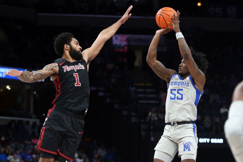 Feb 12, 2023; Memphis, Tennessee, USA; Memphis Tigers guard Damaria Franklin (55) shoots for three as Temple Owls guard Damian Dunn (1) defends during the first half at FedExForum. Mandatory Credit: Petre Thomas-USA TODAY Sports