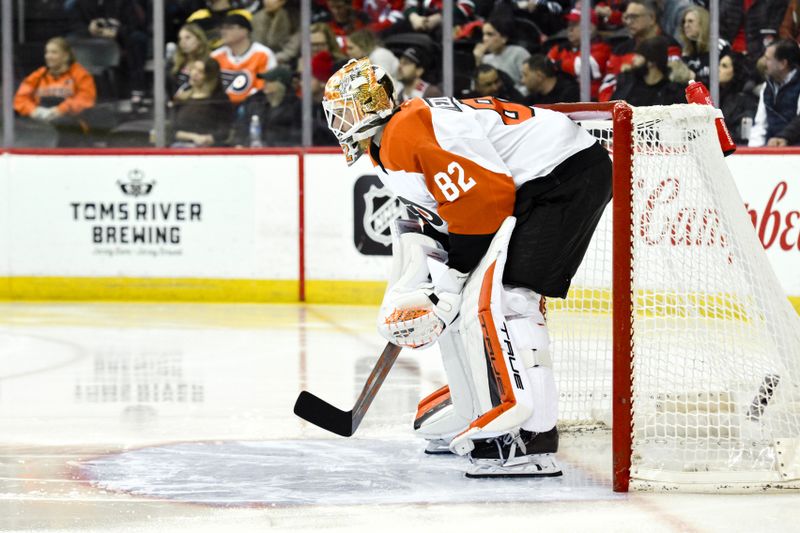 Jan 29, 2025; Newark, New Jersey, USA; Philadelphia Flyers goaltender Ivan Fedotov (82) tends net against the New Jersey Devils during the third period at Prudential Center. Mandatory Credit: John Jones-Imagn Images