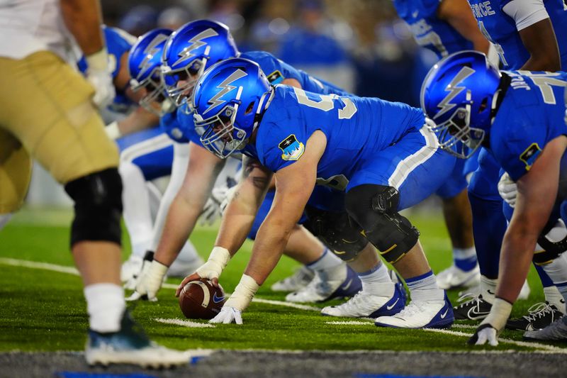 Nov 19, 2022; Colorado Springs, Colorado, USA; Members of the Air Force Falcons line up at the line of scrimmage in the second half against the Colorado State Rams at Falcon Stadium. Mandatory Credit: Ron Chenoy-USA TODAY Sports