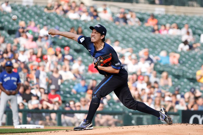 May 24, 2024; Detroit, Michigan, USA; Detroit Tigers pitcher Kenta Maeda (18) pitches during the first inning of the game against the Toronto Blue Jays at Comerica Park. Mandatory Credit: Brian Bradshaw Sevald-USA TODAY Sports