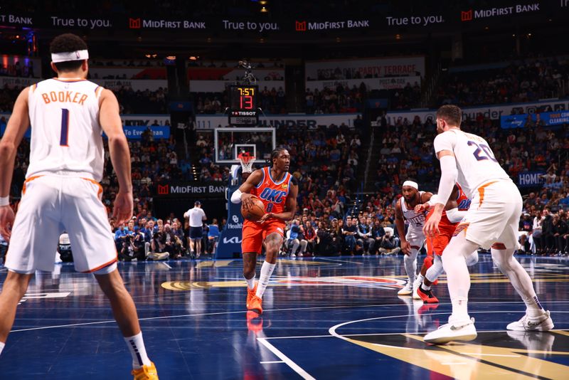 OKLAHOMA CITY, OK - NOVEMBER 15: Jalen Williams #8 of the Oklahoma City Thunder handles the ball during the game against the Phoenix Suns during the Emirates NBA Cup game on November 15, 2024 at Paycom Center in Oklahoma City, Oklahoma. NOTE TO USER: User expressly acknowledges and agrees that, by downloading and or using this photograph, User is consenting to the terms and conditions of the Getty Images License Agreement. Mandatory Copyright Notice: Copyright 2024 NBAE (Photo by Zach Beeker/NBAE via Getty Images)