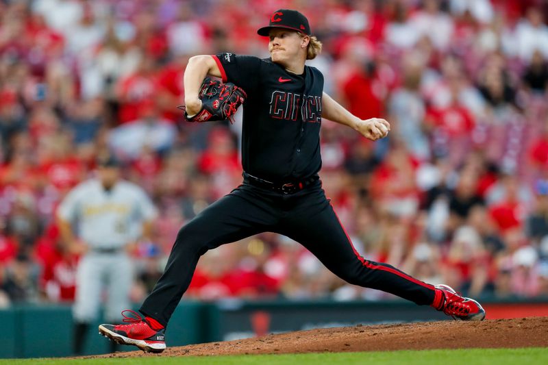 Sep 22, 2023; Cincinnati, Ohio, USA; Cincinnati Reds starting pitcher Andrew Abbott (41) pitches against the Pittsburgh Pirates in the second inning at Great American Ball Park. Mandatory Credit: Katie Stratman-USA TODAY Sports