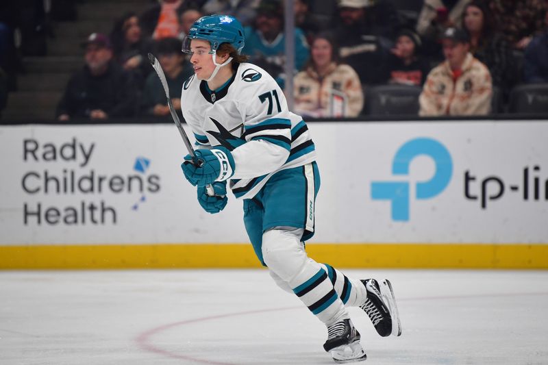 Dec 29, 2025; Anaheim, California, USA; San Jose Sharks center Macklin Celebrini (71) in action against the Anaheim Ducks during the first period at Honda Center. Mandatory Credit: Gary A. Vasquez-Imagn Images