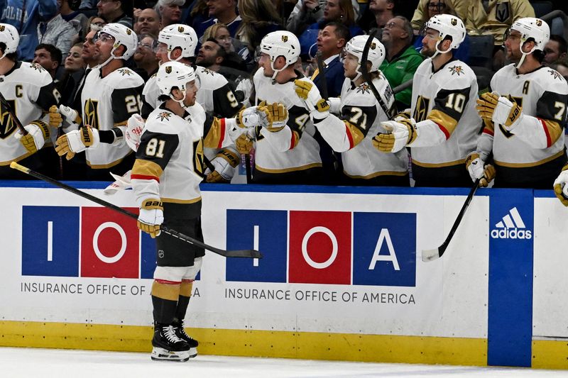 Dec 21, 2023; Tampa, Florida, USA; Las Vegas Golden Knights right wing Jonathan Marchessault (81) celebrates with his teammates after scoring a goal in the first period against the Tampa Bay Lightning at Amalie Arena. Mandatory Credit: Jonathan Dyer-USA TODAY Sports