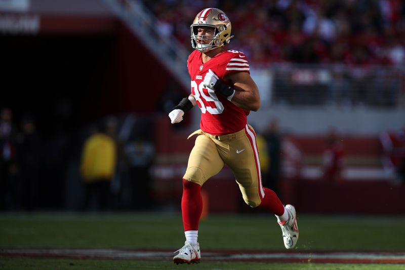 San Francisco 49ers tight end Charlie Woerner (89) runs during an NFL football game against the Tampa Bay Buccaneers, Sunday, Nov. 19, 2023, in Santa Clara, Calif. (AP Photo/Scot Tucker)