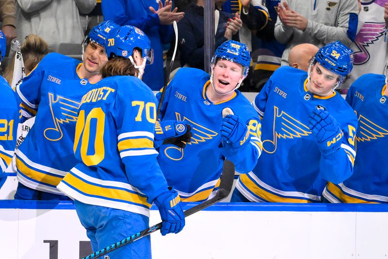 Jan 2, 2026; St. Louis, Missouri, USA; St. Louis Blues center Oskar Sundqvist (70) is congratulated by teammates after scoring against the Vegas Golden Knights during the second period at Enterprise Center. Mandatory Credit: Jeff Curry-Imagn Images