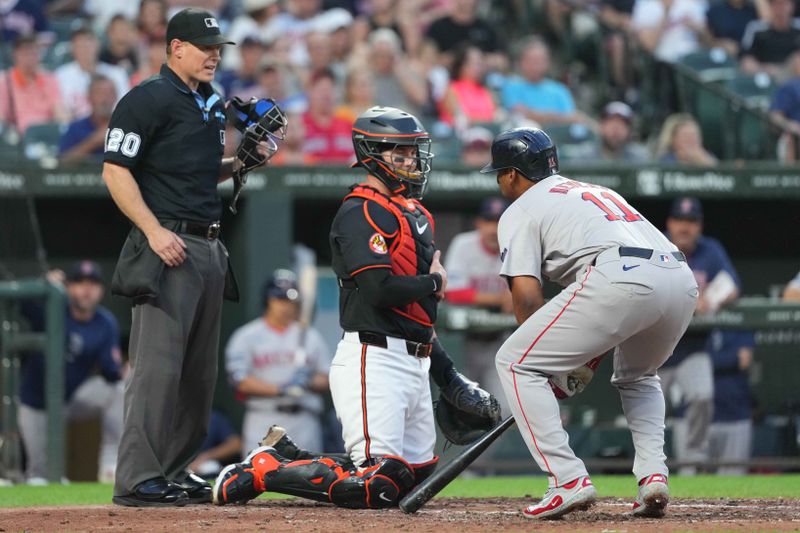 Aug 15, 2024; Baltimore, Maryland, USA; Boston Red Sox third baseman Rafael Devers (11) reacts after being called out on strikes in the fourth inning by umpire Brian Walsh  against the Baltimore Orioles at Oriole Park at Camden Yards. Mandatory Credit: Mitch Stringer-USA TODAY Sports