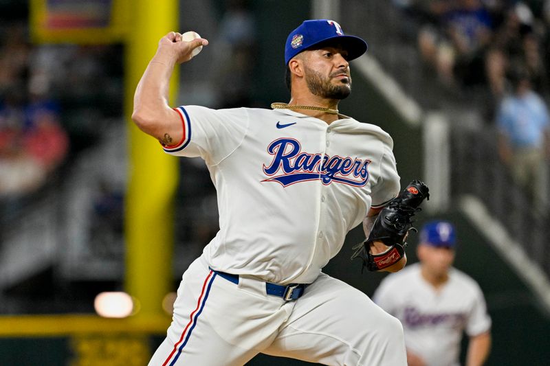 Jun 8, 2024; Arlington, Texas, USA; Texas Rangers relief pitcher Jesus Tinoco (59) pitches during the game between the Rangers and the San Francisco Giants at Globe Life Field. Mandatory Credit: Jerome Miron-USA TODAY Sports