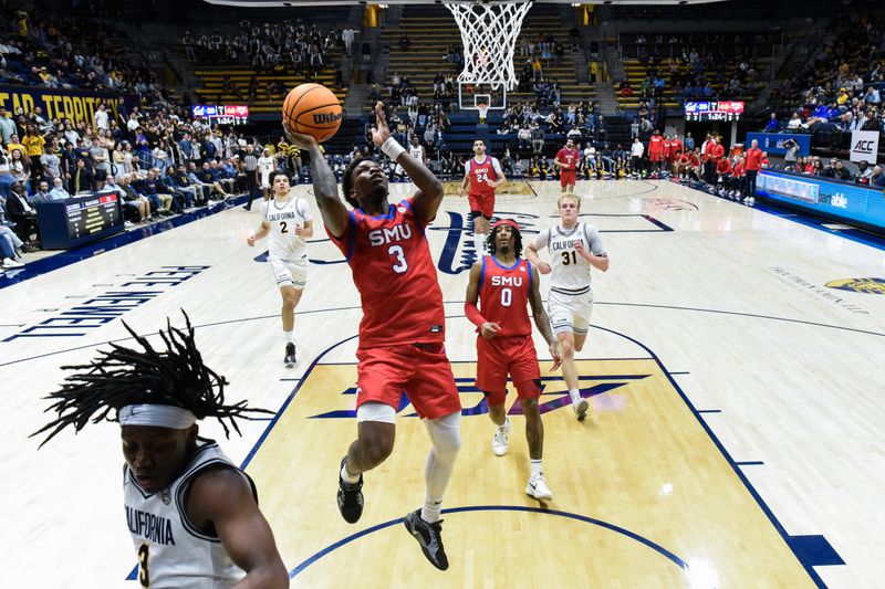 Feb 26, 2025; Berkeley, California, USA; SMU Mustangs guard Chuck Harris (3) goes up for two against the California Golden Bears in the first half at Haas Pavilion. Mandatory Credit: Eakin Howard-Imagn Images