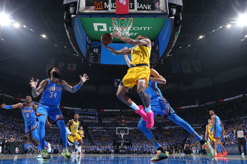 OKLAHOMA CITY, OK - JUNE 8: Obi Toppin #1 of the Indiana Pacers drives to the basket during the game against the Oklahoma City Thunder during Game Two of the 2025 NBA Finals on June 8, 2025 at Paycom Center in Oklahoma City, Oklahoma. NOTE TO USER: User expressly acknowledges and agrees that, by downloading and or using this photograph, User is consenting to the terms and conditions of the Getty Images License Agreement. Mandatory Copyright Notice: Copyright 2025 NBAE(Photo by Nathaniel S. Butler/NBAE via Getty Images)
