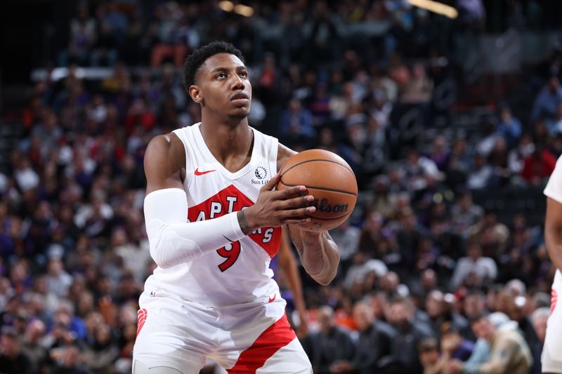 PHOENIX, AZ - MARCH 7: RJ Barrett #9 of the Toronto Raptors shoots a free throw during the game against the Phoenix Suns on March 7, 2024 at Footprint Center in Phoenix, Arizona. NOTE TO USER: User expressly acknowledges and agrees that, by downloading and or using this photograph, user is consenting to the terms and conditions of the Getty Images License Agreement. Mandatory Copyright Notice: Copyright 2024 NBAE (Photo by Jeff Haynes/NBAE via Getty Images)