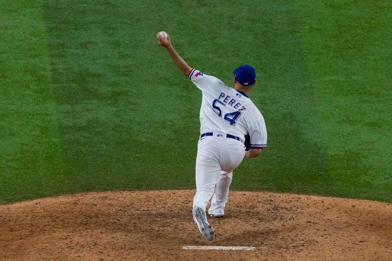 Oct 18, 2023; Arlington, Texas, USA; Texas Rangers starting pitcher Martin Perez (54) pitches against the Houston Astros during the ninth inning during game three of the ALCS for the 2023 MLB playoffs at Globe Life Field. Mandatory Credit: Jerome Miron-USA TODAY Sports