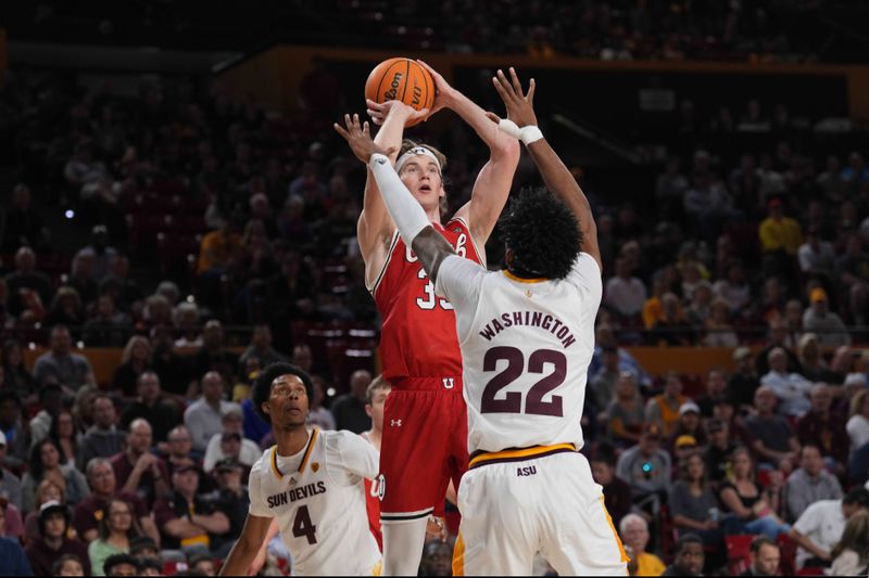 Feb 18, 2023; Tempe, Arizona, USA; Utah Utes center Branden Carlson (35) shoots over Arizona State Sun Devils forward Warren Washington (22) during the first half at Desert Financial Arena. Mandatory Credit: Joe Camporeale-USA TODAY Sports