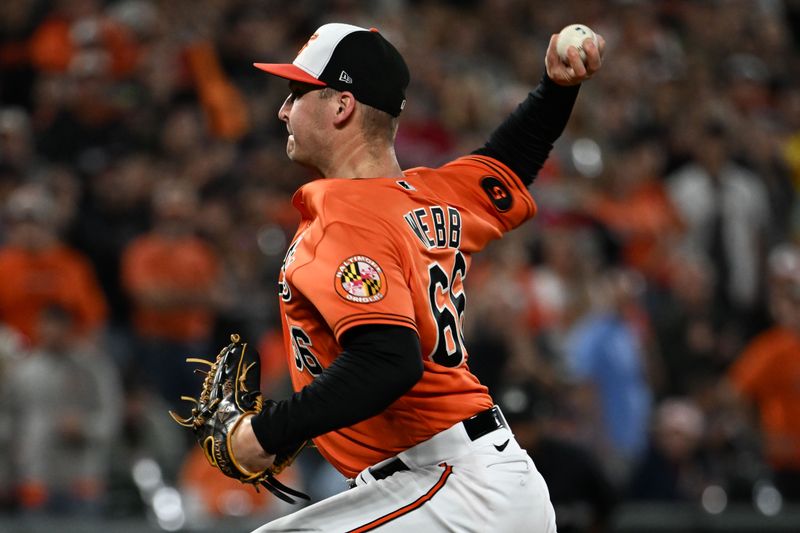 Sep 30, 2023; Baltimore, Maryland, USA;  Baltimore Orioles relief pitcher Jacob Webb (66) throws a ninth inning pitch against the Boston Red Sox at Oriole Park at Camden Yards. Mandatory Credit: Tommy Gilligan-USA TODAY Sports