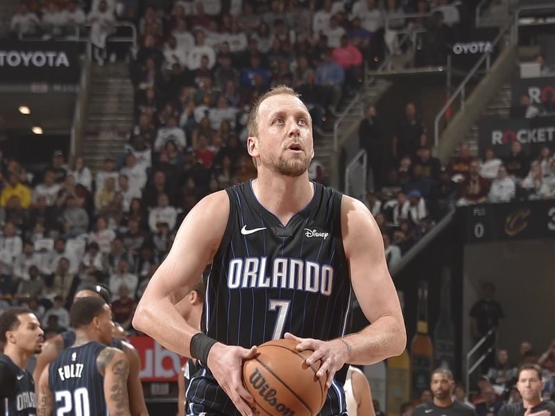 CLEVELAND, OH - APRIL 20: Joe Ingles #7 of the Orlando Magic prepares to shoot a free throw during Round 1 Game 1 of the 2024 NBA Playoffs against the Cleveland Cavaliers on April 20, 2024 at Rocket Mortgage FieldHouse in Cleveland, Ohio. NOTE TO USER: User expressly acknowledges and agrees that, by downloading and/or using this Photograph, user is consenting to the terms and conditions of the Getty Images License Agreement. Mandatory Copyright Notice: Copyright 2024 NBAE (Photo by David Liam Kyle/NBAE via Getty Images)