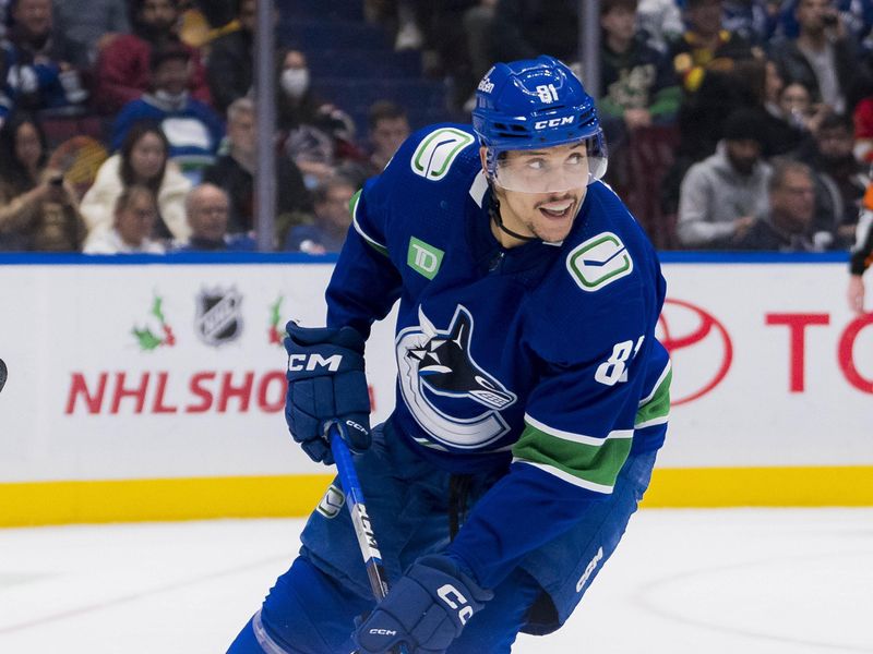 Dec 14, 2023; Vancouver, British Columbia, CAN; Vancouver Canucks forward Dakota Joshua (81) skates against the Florida Panthers in the third period at Rogers Arena. Vancouver won 4-0. Mandatory Credit: Bob Frid-USA TODAY Sports