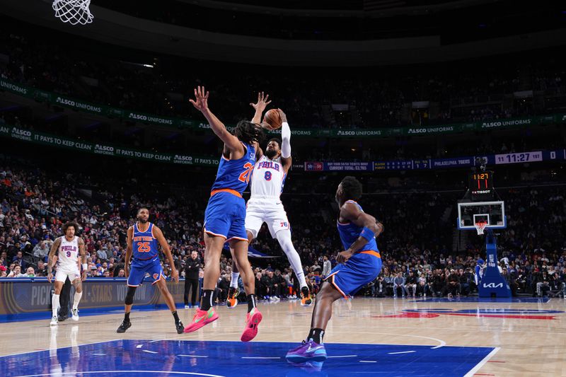 PHILADELPHIA, PA - JANUARY 15: Paul George #8 of the Philadelphia 76ers shoots the ball during the game against the New York Knicks on January 15, 2025 at the Wells Fargo Center in Philadelphia, Pennsylvania NOTE TO USER: User expressly acknowledges and agrees that, by downloading and/or using this Photograph, user is consenting to the terms and conditions of the Getty Images License Agreement. Mandatory Copyright Notice: Copyright 2025 NBAE (Photo by Jesse D. Garrabrant/NBAE via Getty Images)